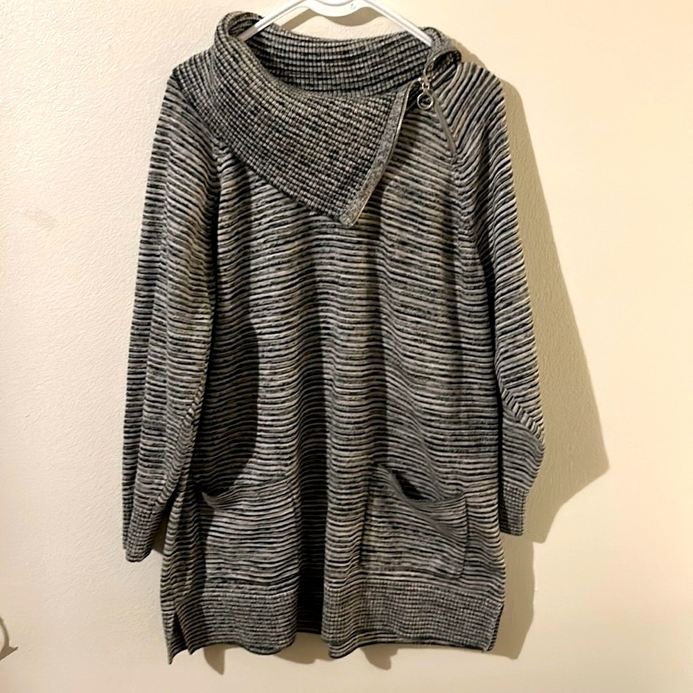 Eight Eight Eight Gray Plus Women 1X Cowl Neck Zip Pullover Cotton Tunic Sweater